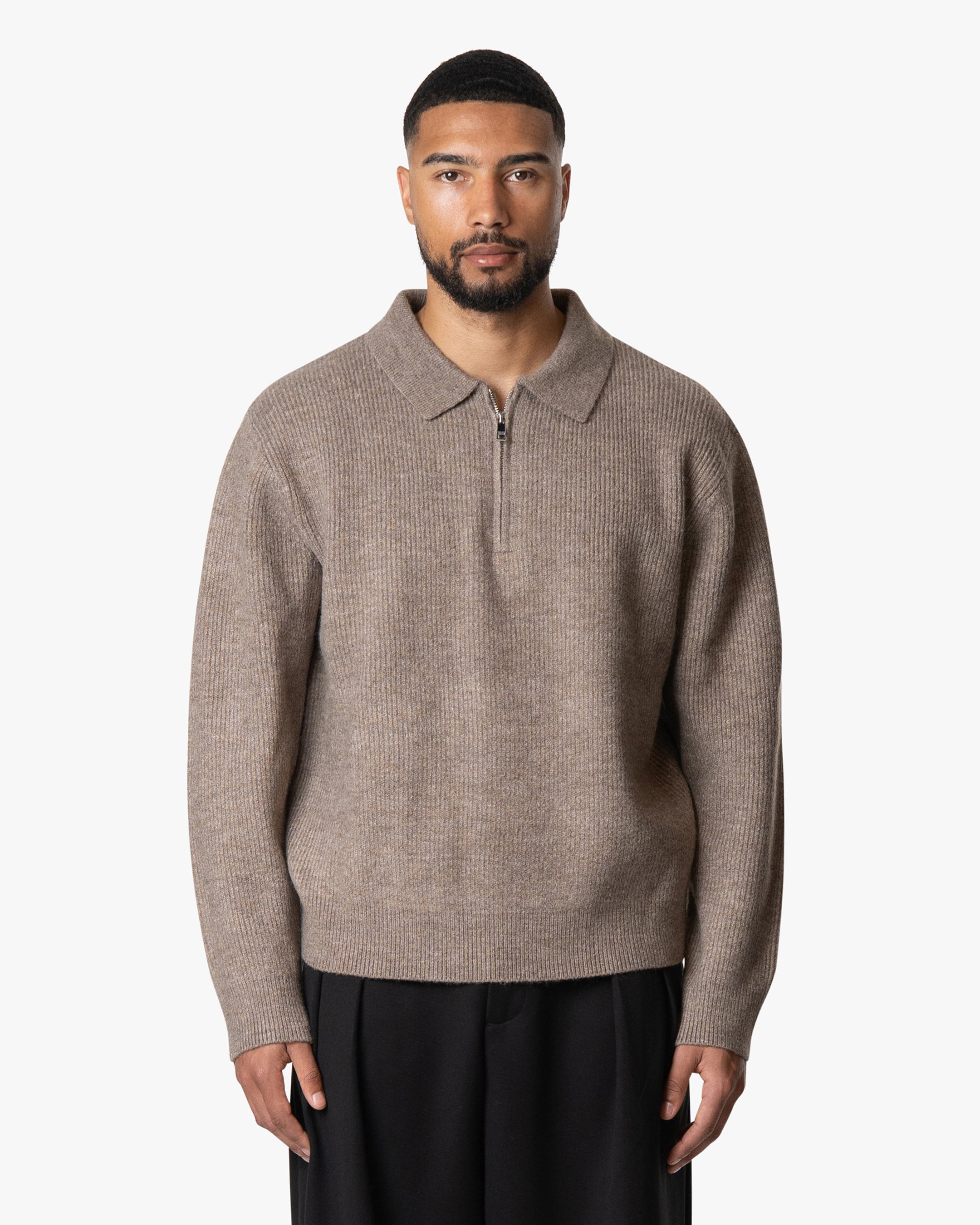 Levante Knitted Half-Zip Polo Sweater | Light Brown