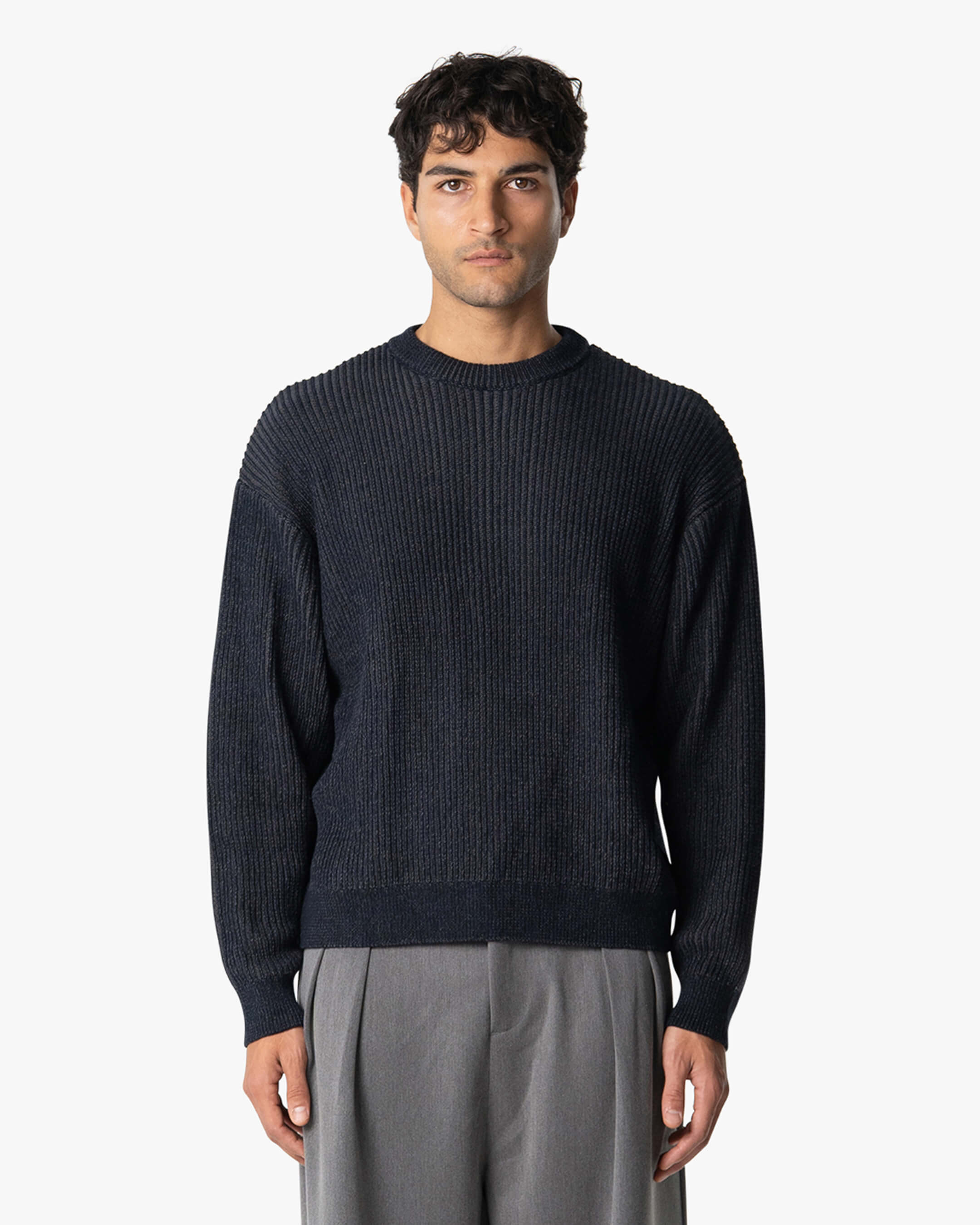 Lima Boxy Knitted Cotton Sweater | Navy/Grey