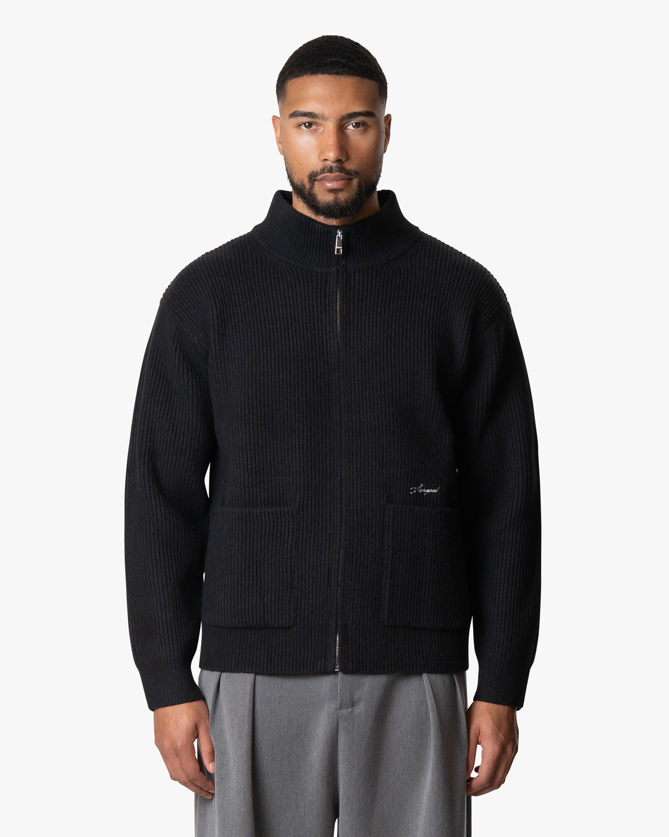 Giacca Heavy Knitted Zip-Up Cardigan | Black