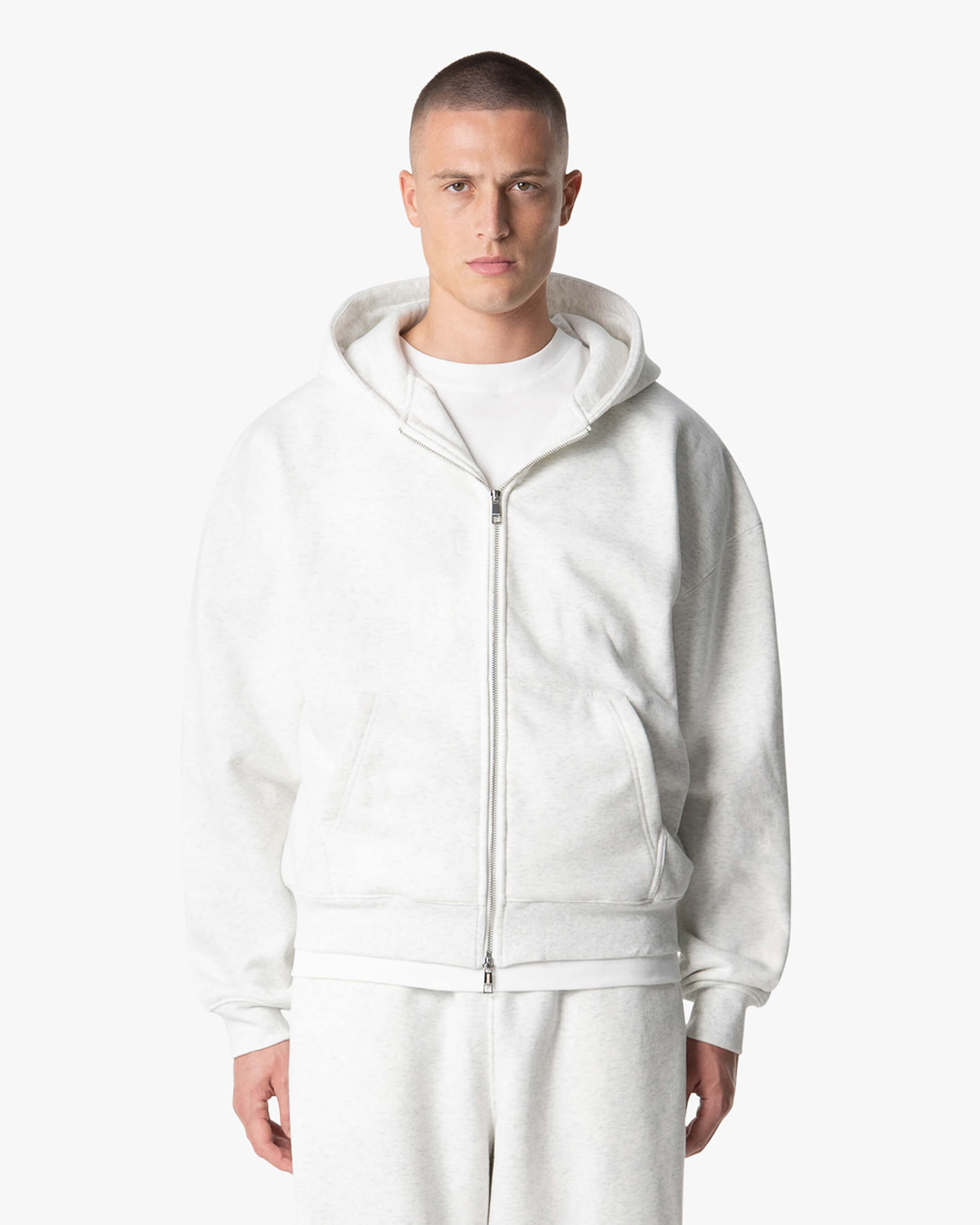 Oversized Blank Zip Hoodie | Light Grey Melee