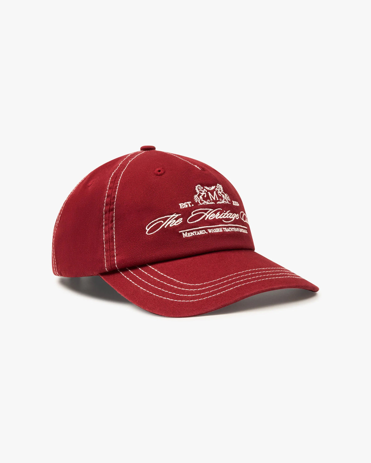 Heritage Club Cap in burgundy, front angle showing the embroidered crest