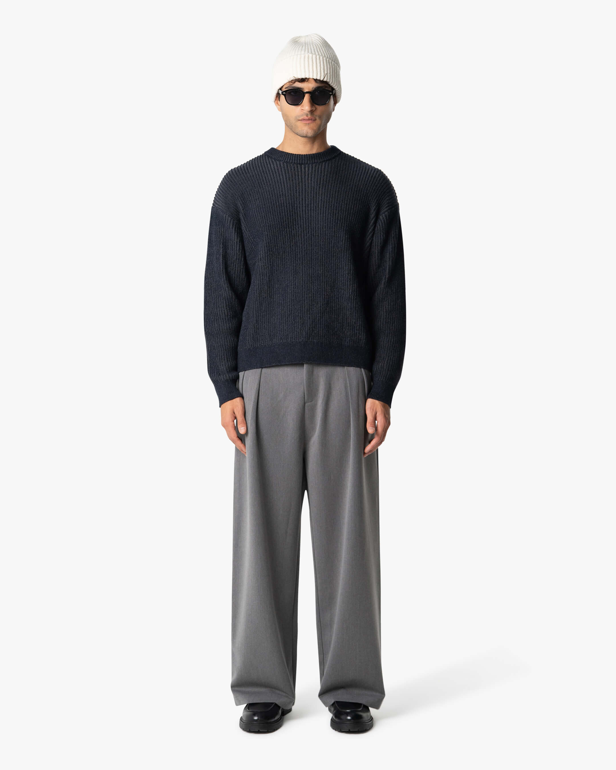 Lima Boxy Knitted Cotton Sweater | Navy/Grey