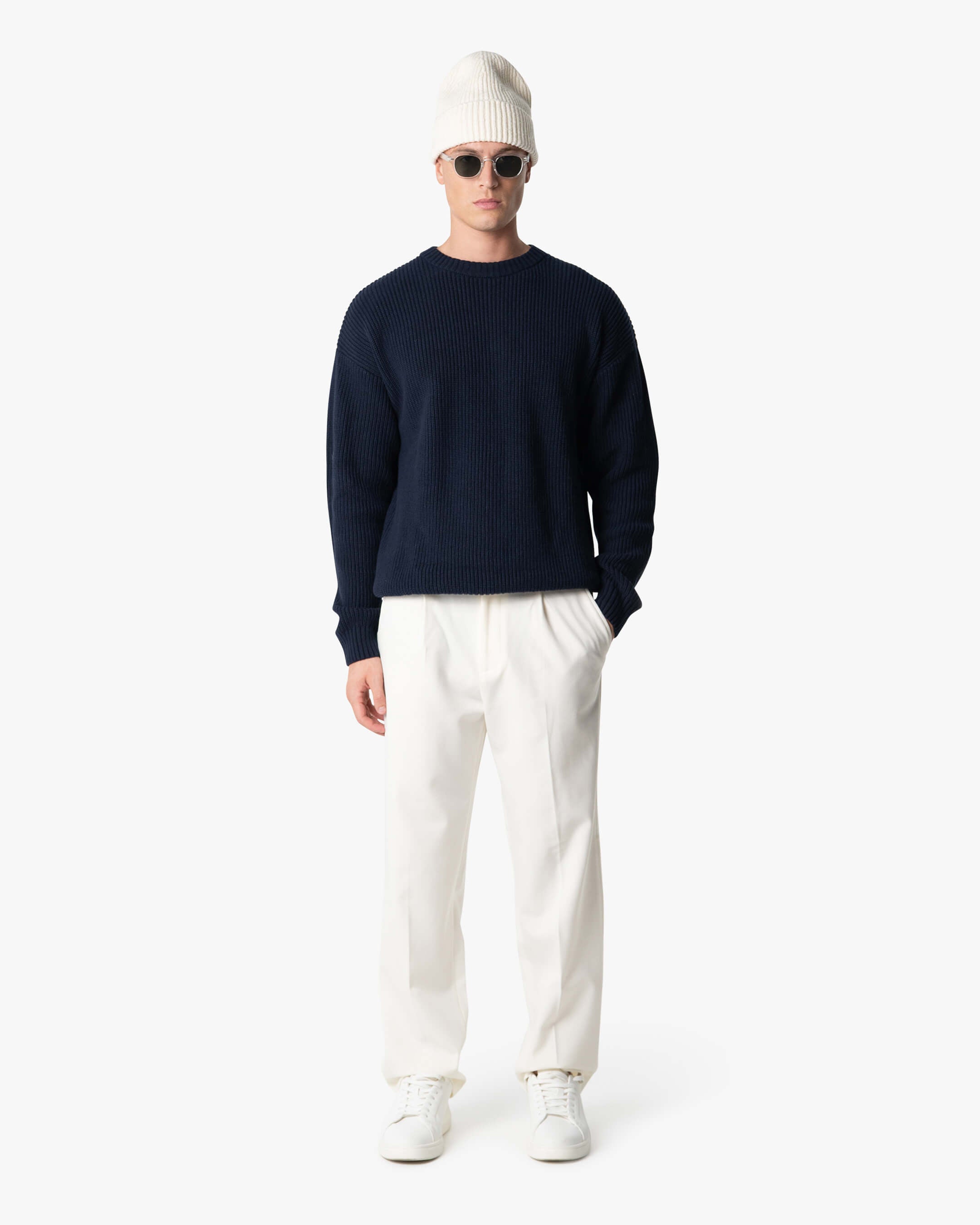 Naval Knitted Cotton Sweater | Navy