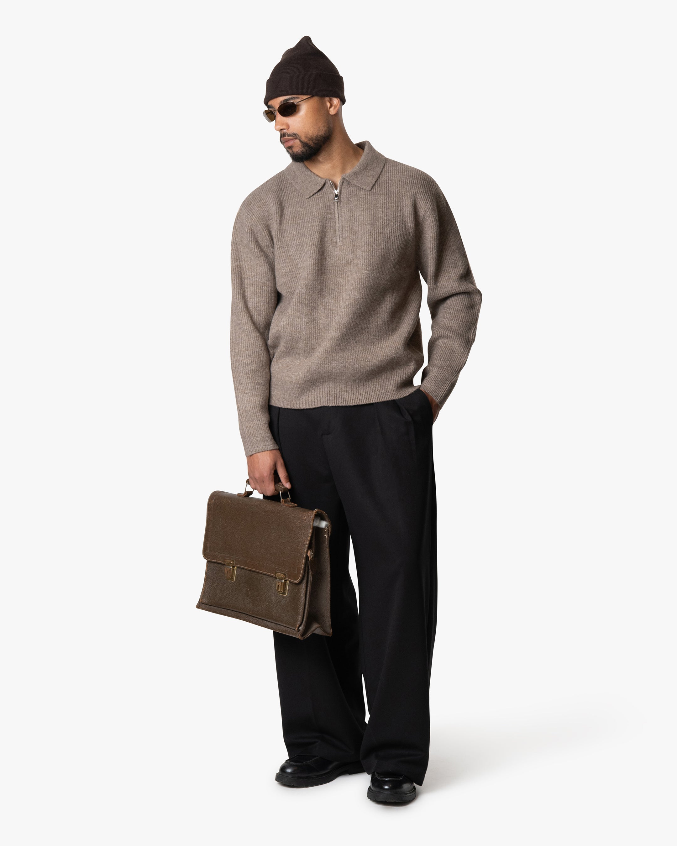 Levante Knitted Half-Zip Polo Sweater | Light Brown